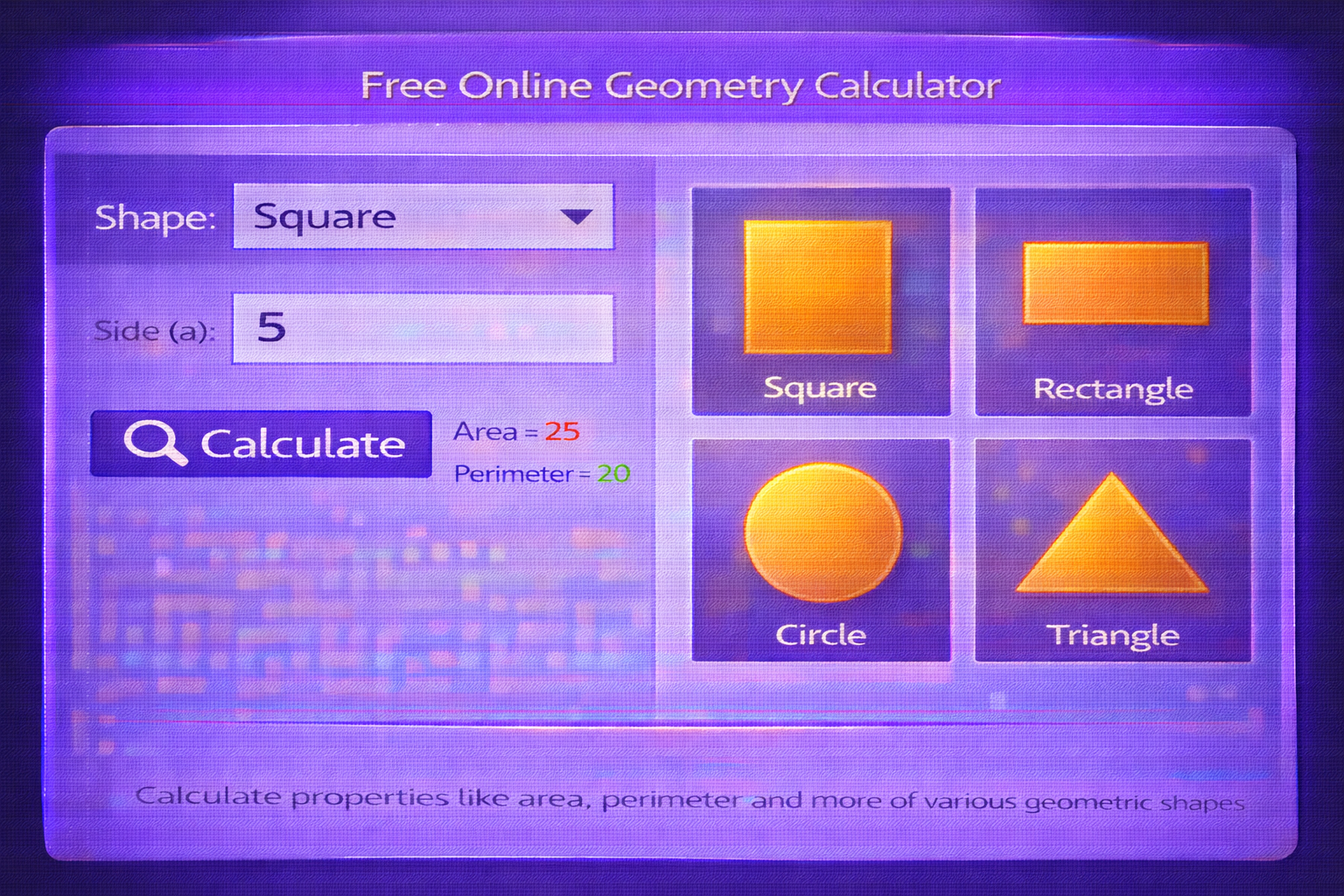 Free online geometry calculator interface with shape selection square rectangle circle triangle